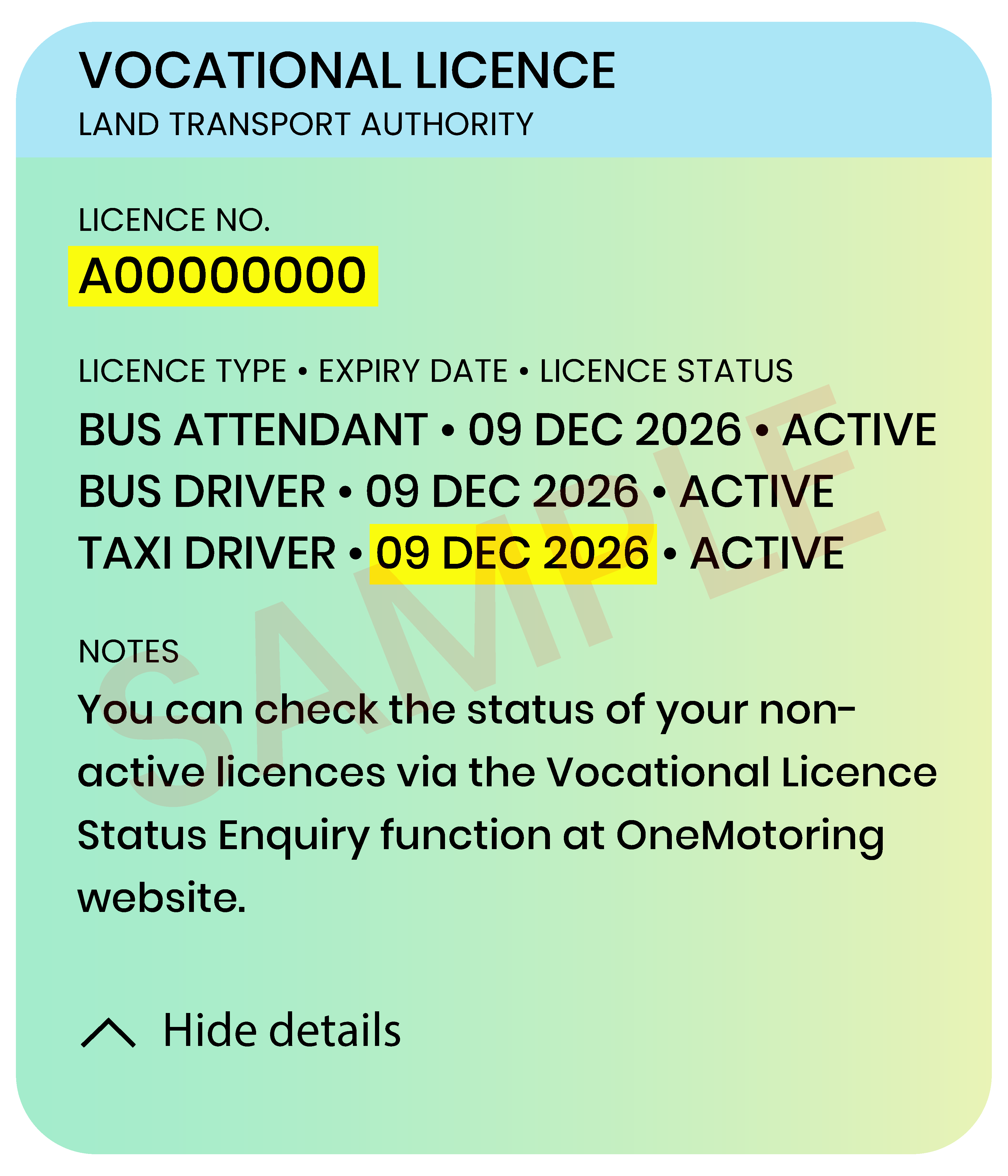 Example of a Singpass Vocational Licence with the licence number and licence expiry date highlighted in yellow.